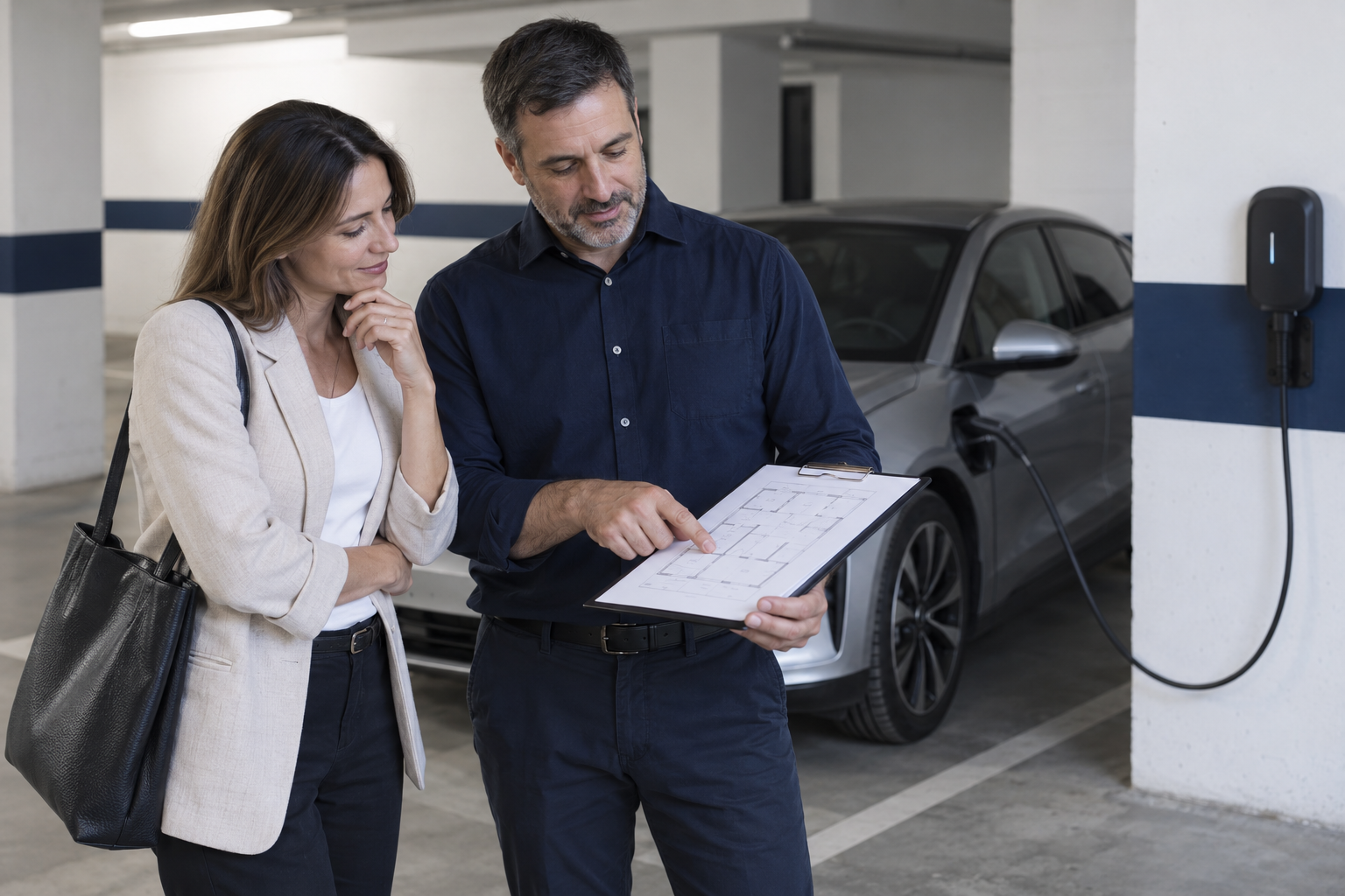 Asesor de EV ZONE revisando planos con una desarrolladora en la cochera
